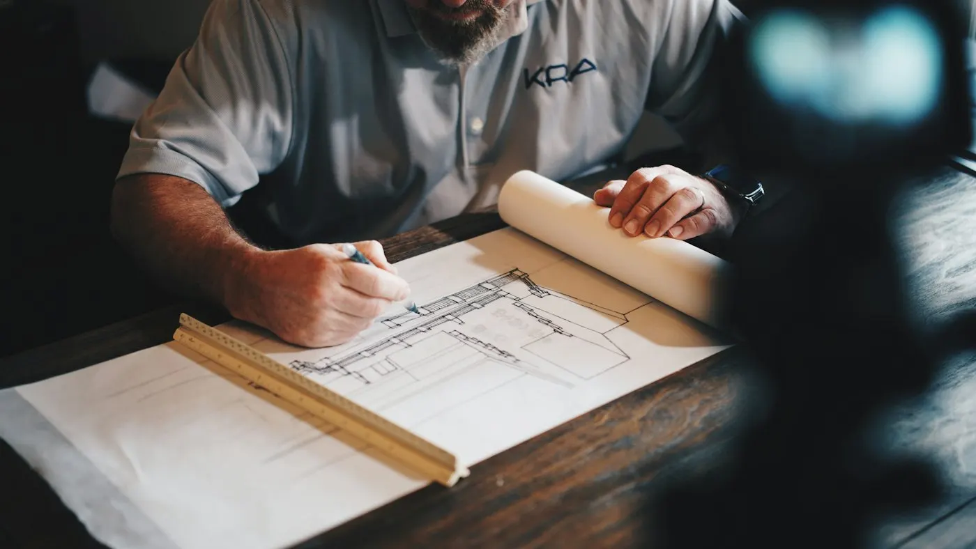 Project planner reviewing construction drawings at a desk